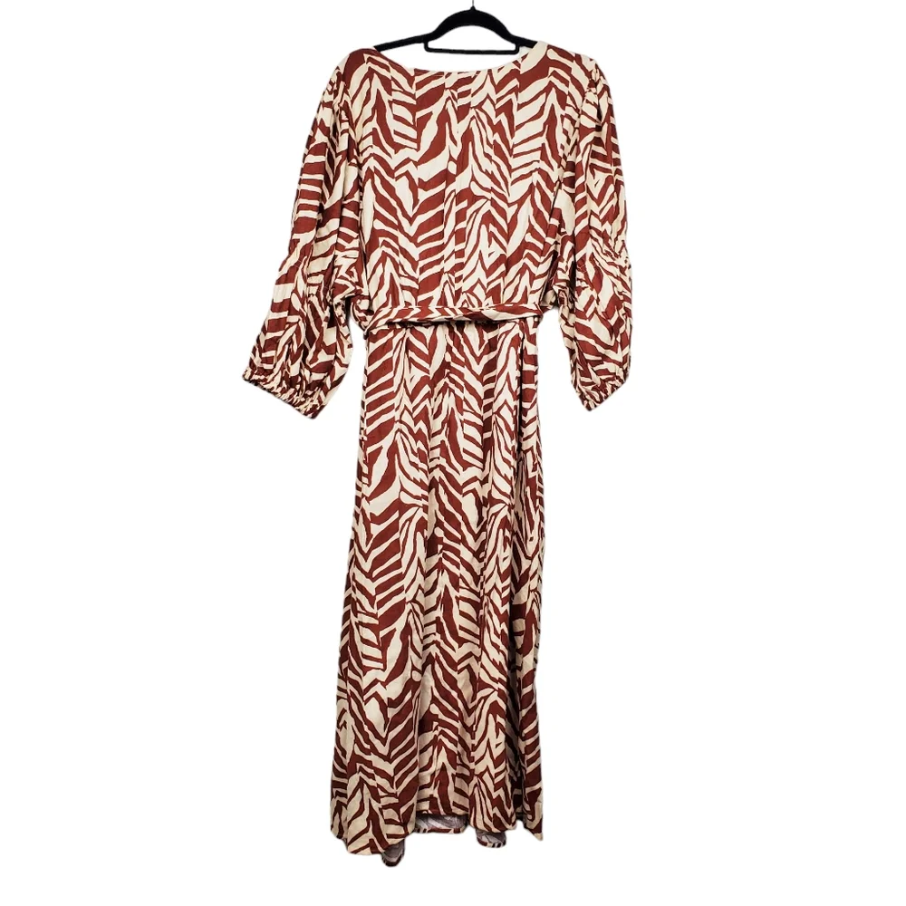 Eloquii Womens Puff Sleeve Ivory Rust Brown Animal Print Linen Dress Size 26 NWT - Picture 6 of 8